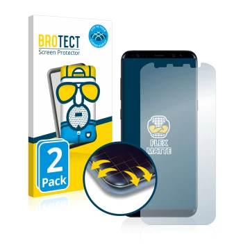 Front side of a product packaging with the brand logo BROTECT. Next to it is the device Samsung Galaxy S8 Plus shown with the 