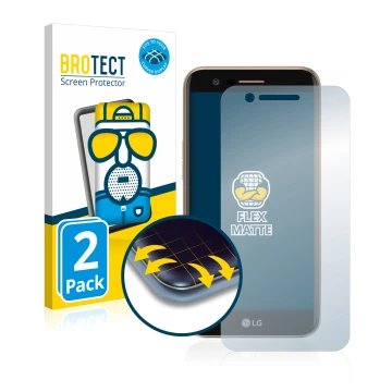 Front side of a product packaging with the brand logo BROTECT. Next to it is the device LG K10 2017 shown with the correspondi