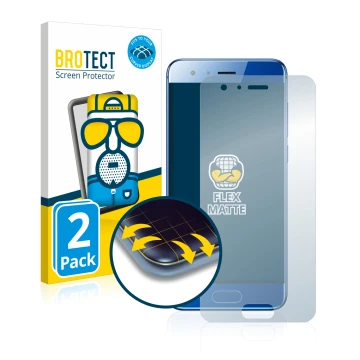 Front side of a product packaging with the brand logo BROTECT. Next to it is the device Honor 9 shown with the corresponding s