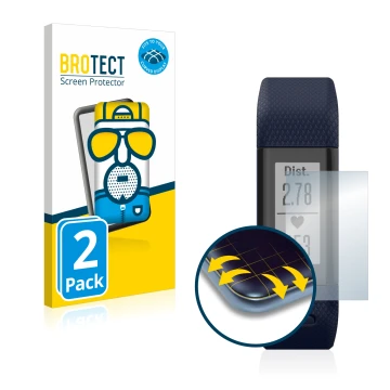 Front side of a product packaging with the brand logo BROTECT. Next to it is the device Garmin Vivosmart HR+ shown with the co