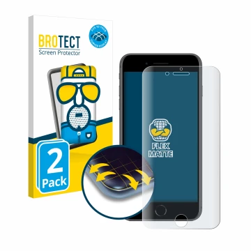Front side of a product packaging with the brand logo BROTECT. Next to it is the device Apple iPhone 8 Plus shown with the cor
