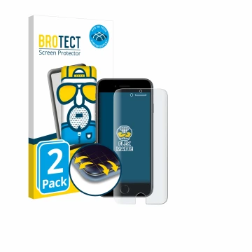 Front side of a product packaging with the brand logo BROTECT. Next to it is the device Apple iPhone 8 shown with the correspo