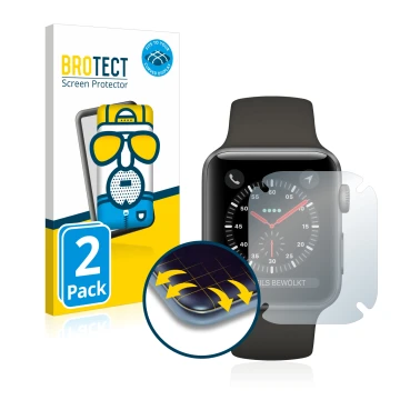 Front side of a product packaging with the brand logo BROTECT. Next to it is the device Apple Watch Series 3 (38 mm) shown wit