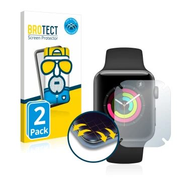 Front side of a product packaging with the brand logo BROTECT. Next to it is the device Apple Watch Series 3 (42 mm) shown wit