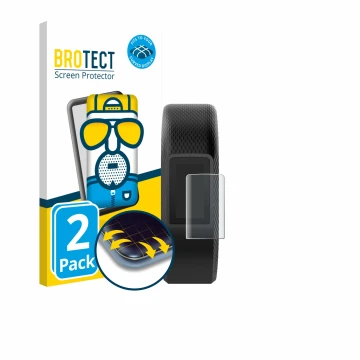 Front side of a product packaging with the brand logo BROTECT. Next to it is the device Garmin Vivosport shown with the corres