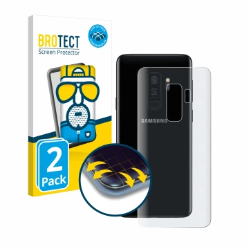 Front side of a product packaging with the brand logo BROTECT. Next to it is the device Samsung Galaxy S9 Plus (Back) shown wi