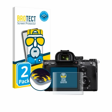 Front side of a product packaging with the brand logo BROTECT. Next to it is the device Sony Alpha 7 III (ILCE-7M3) shown with