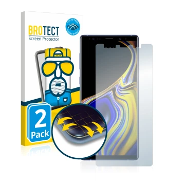 Front side of a product packaging with the brand logo BROTECT. Next to it is the device Samsung Galaxy Note 9 shown with the c