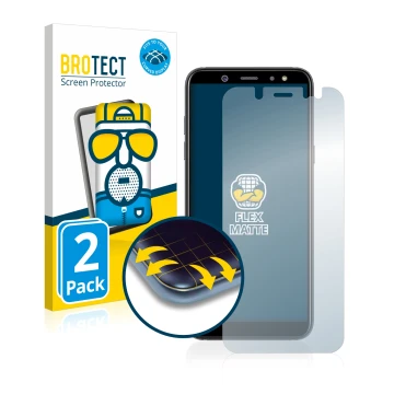 Front side of a product packaging with the brand logo BROTECT. Next to it is the device Samsung Galaxy A6 2018 shown with the 