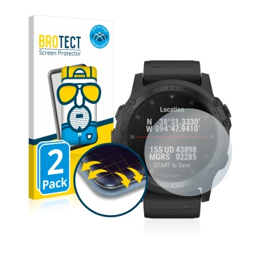 Front side of a product packaging with the brand logo BROTECT. Next to it is the device Garmin Tactix Charlie shown with the c