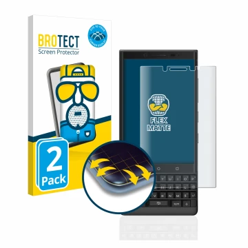 Front side of a product packaging with the brand logo BROTECT. Next to it is the device BlackBerry Key2 shown with the corresp