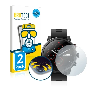 Front side of a product packaging with the brand logo BROTECT. Next to it is the device Huami Amazfit Stratos shown with the c