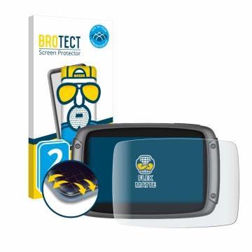 Front side of a product packaging with the brand logo BROTECT. Next to it is the device TomTom Rider 550 shown with the corres