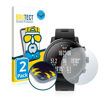 Front side of a product packaging with the brand logo BROTECT. Next to it is the device Huami Amazfit Stratos 2 shown with the