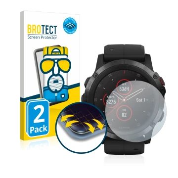 Front side of a product packaging with the brand logo BROTECT. Next to it is the device Garmin Fenix 5X Plus (51 mm) shown wit