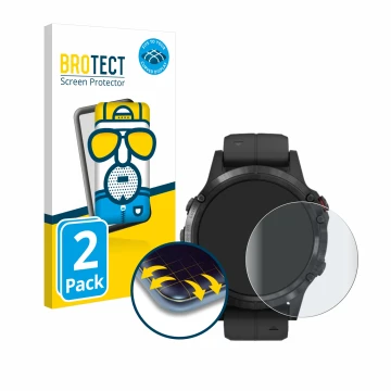 Front side of a product packaging with the brand logo BROTECT. Next to it is the device Garmin Fenix 5 Plus (47 mm) shown with