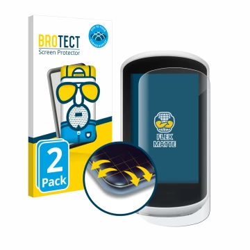 Front side of a product packaging with the brand logo BROTECT. Next to it is the device Garmin Edge Explore 2018 shown with th