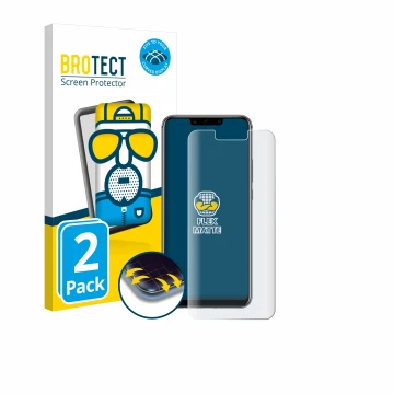 Front side of a product packaging with the brand logo BROTECT. Next to it is the device Huawei Mate 20 lite shown with the cor