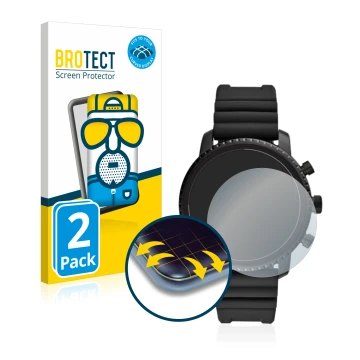 Front side of a product packaging with the brand logo BROTECT. Next to it is the device Fossil Q Explorist HR (4.Gen) shown wi