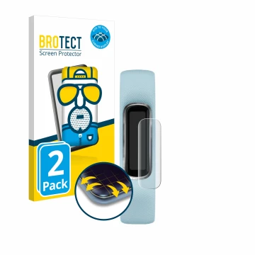 Front side of a product packaging with the brand logo BROTECT. Next to it is the device Garmin Vivosmart 4 shown with the corr