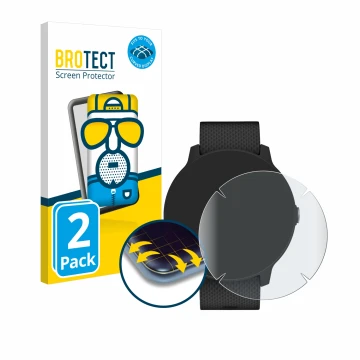 Front side of a product packaging with the brand logo BROTECT. Next to it is the device Garmin vivoactive 3 Music shown with t