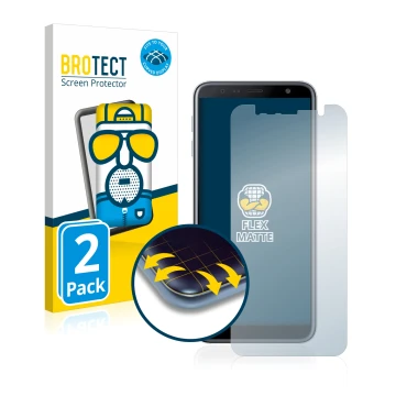 Front side of a product packaging with the brand logo BROTECT. Next to it is the device Samsung Galaxy J6 Plus shown with the 