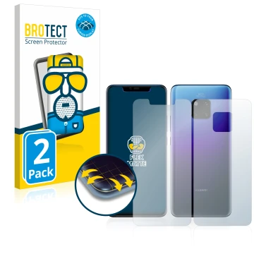 Front side of a product packaging with the brand logo BROTECT. Next to it is the device Huawei Mate 20 Pro (Front+Back) shown 