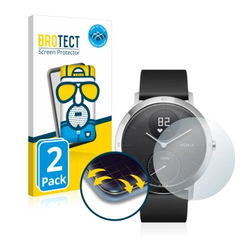 Front side of a product packaging with the brand logo BROTECT. Next to it is the device Withings Steel HR (40 mm) shown with t