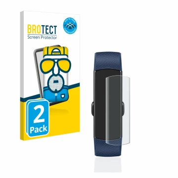 Front side of a product packaging with the brand logo BROTECT. Next to it is the device Honor Band 4 shown with the correspond