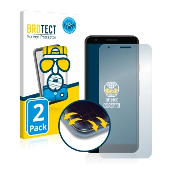 Front side of a product packaging with the brand logo BROTECT. Next to it is the device Google Pixel 3a XL shown with the corr