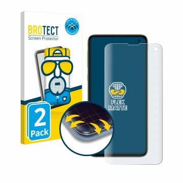 Front side of a product packaging with the brand logo BROTECT. Next to it is the device Samsung Galaxy S10e shown with the cor