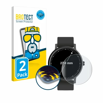Front side of a product packaging with the brand logo BROTECT. Next to it is the device Circular Displays (ø: 27 mm) shown wit
