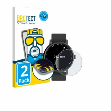 Front side of a product packaging with the brand logo BROTECT. Next to it is the device Circular Displays (ø: 31 mm) shown wit