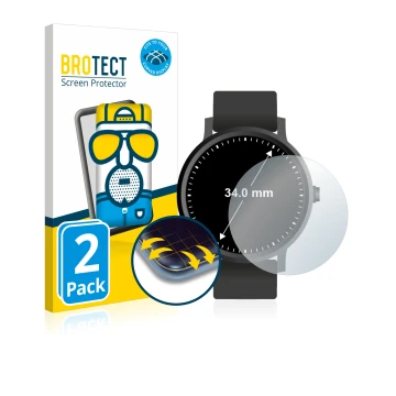 Front side of a product packaging with the brand logo BROTECT. Next to it is the device Circular Displays (ø: 34 mm) shown wit