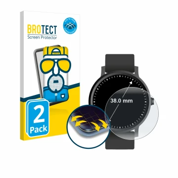 Front side of a product packaging with the brand logo BROTECT. Next to it is the device Circular Displays (ø: 38 mm) shown wit