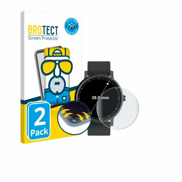 Front side of a product packaging with the brand logo BROTECT. Next to it is the device Circular Displays (ø: 39 mm) shown wit