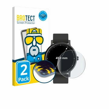 Front side of a product packaging with the brand logo BROTECT. Next to it is the device Circular Displays (ø: 45 mm) shown wit