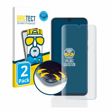 Front side of a product packaging with the brand logo BROTECT. Next to it is the device Samsung Galaxy A50 shown with the corr