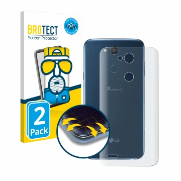 Front side of a product packaging with the brand logo BROTECT. Next to it is the device LG X Power 3 (Back) shown with the cor