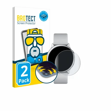 Front side of a product packaging with the brand logo BROTECT. Next to it is the device Samsung Galaxy Watch Active shown with