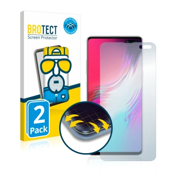 Front side of a product packaging with the brand logo BROTECT. Next to it is the device Samsung Galaxy S10 5G shown with the c
