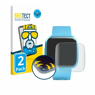 Front side of a product packaging with the brand logo BROTECT. Next to it is the device Fitbit Versa Lite Edition shown with t