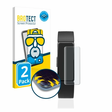 Front side of a product packaging with the brand logo BROTECT. Next to it is the device Fitbit Inspire shown with the correspo