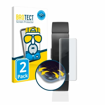 Front side of a product packaging with the brand logo BROTECT. Next to it is the device Fitbit Inspire HR shown with the corre