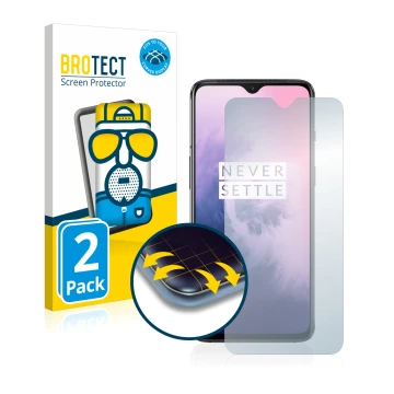 Front side of a product packaging with the brand logo BROTECT. Next to it is the device OnePlus 7 shown with the corresponding