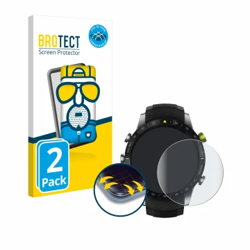 Front side of a product packaging with the brand logo BROTECT. Next to it is the device Garmin Marq Athlete shown with the cor