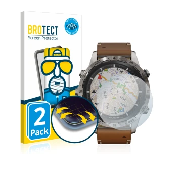 Front side of a product packaging with the brand logo BROTECT. Next to it is the device Garmin Marq Adventurer shown with the 