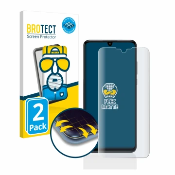 Front side of a product packaging with the brand logo BROTECT. Next to it is the device Huawei P30 lite shown with the corresp