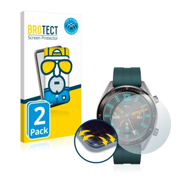 Front side of a product packaging with the brand logo BROTECT. Next to it is the device Huawei Watch GT Active shown with the 