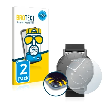 Front side of a product packaging with the brand logo BROTECT. Next to it is the device Withings Activité Pop shown with the c